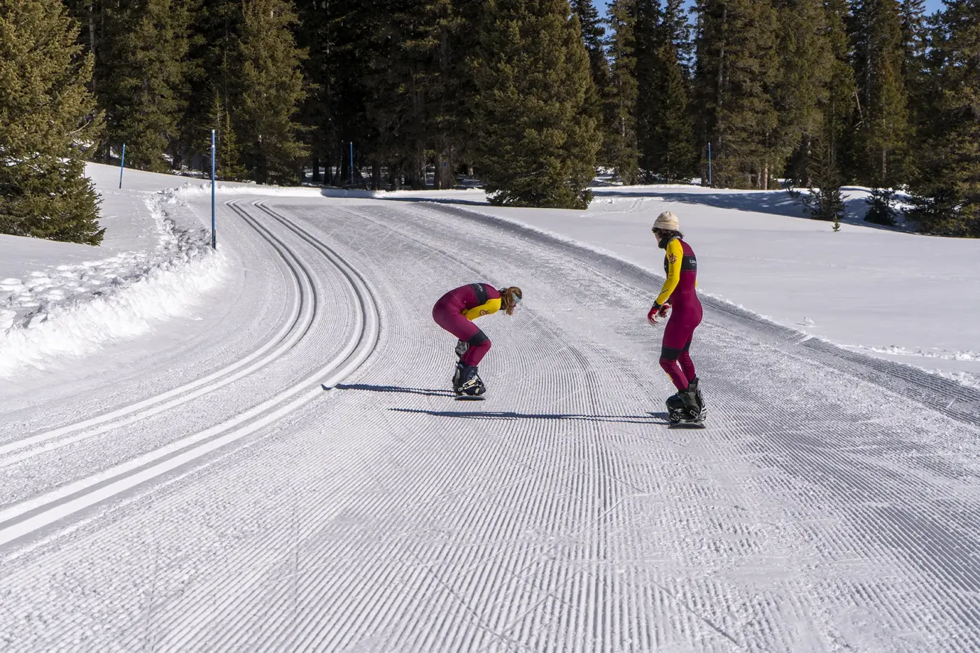 CMU athletes with CMU Cross Country Snowboard team on the trails on Grand Mesa, Colorado