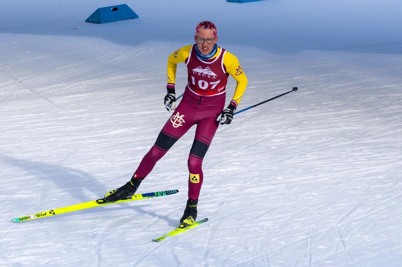 Wesley Sumner of Colorado Mesa University skiing during the 15 km freestyle race at USCSA National Championships in Lake Placid, pushing the pace on his way to the national title.